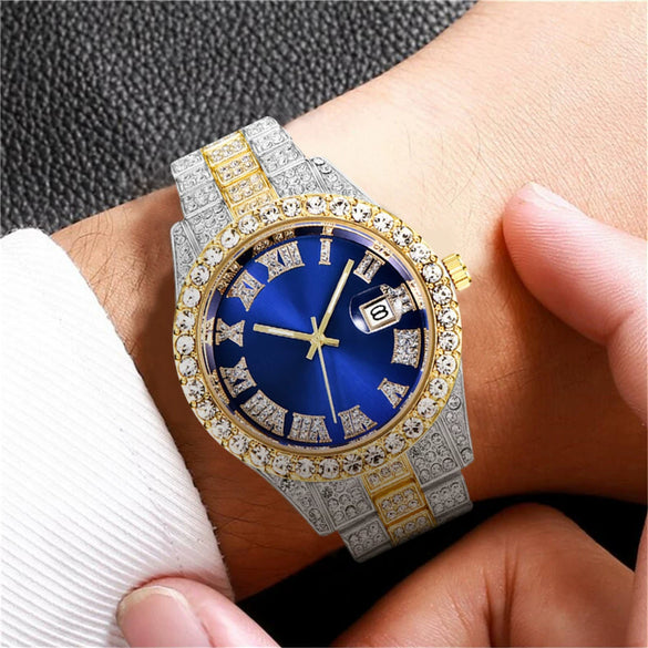 Men's Alloy Belt Quartz Watch Hiphop Business Style Round Dial With Calendar And Full Diamond Design