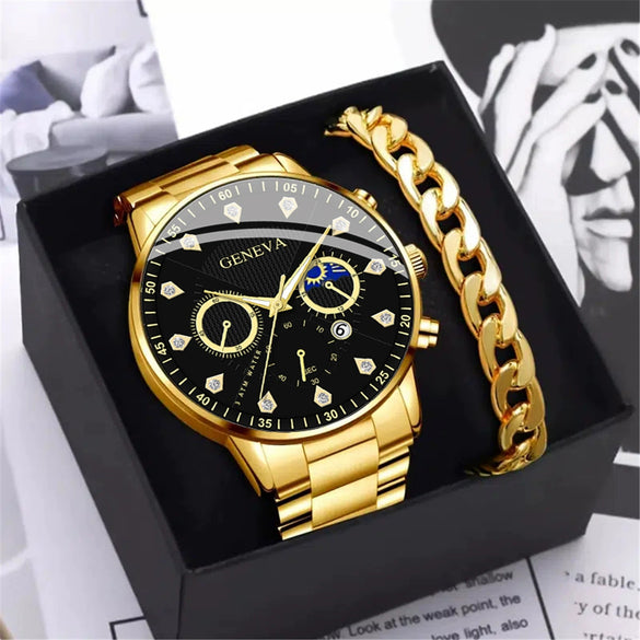 Men's Alloy Belt Watch With Sun Moon Star Design Round Dial Business Style