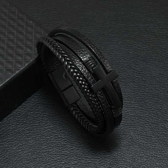 Men's Alloy Bracelet With Black Cross Geometric Pattern Handmade Woven Leather Magnetic Buckle