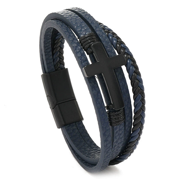 Men's Alloy Bracelet With Black Cross Geometric Pattern Handmade Woven Leather Magnetic Buckle