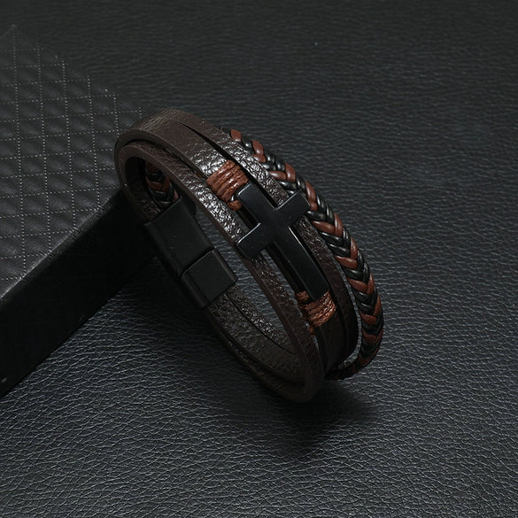 Men's Alloy Bracelet With Black Cross Geometric Pattern Handmade Woven Leather Magnetic Buckle
