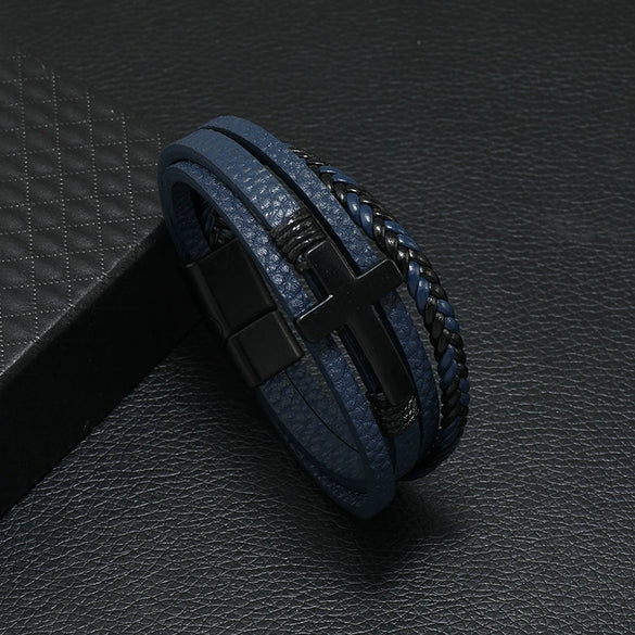 Men's Alloy Bracelet With Black Cross Geometric Pattern Handmade Woven Leather Magnetic Buckle