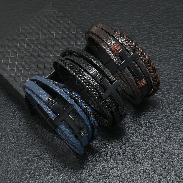 Men's Alloy Bracelet With Black Cross Geometric Pattern Handmade Woven Leather Magnetic Buckle