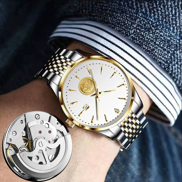 Men's Alloy Business Style Round Dial Smooth Fullautomatic Hollow Movement Luminous Calendar Tide Waterproof Watch