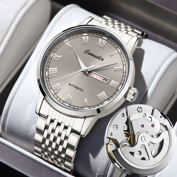 Men's Alloy Case And Strap Fully Automatic Mechanical And Quartz Watch Round Dial Mineral Reinforced Glass Mirror Waterproof Luminous Dual Calendar Business Style