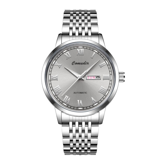 Men's Alloy Case And Strap Fully Automatic Mechanical And Quartz Watch Round Dial Mineral Reinforced Glass Mirror Waterproof Luminous Dual Calendar Business Style