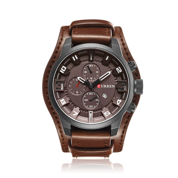 Men's Alloy Case Genuine Leather Strap Round Dial Leisure Waterproof Quartz Watch