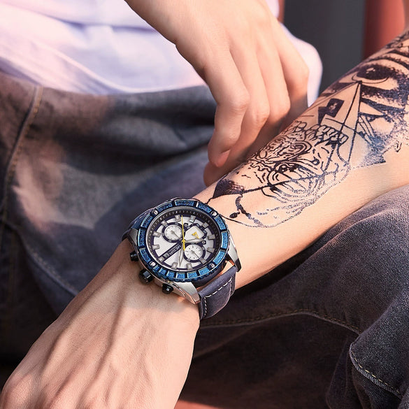 Men's Alloy Case Genuine Leather Strap Round Dial Sports Watch