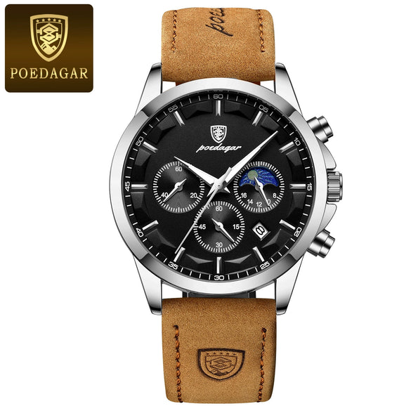 Men's Alloy Case Genuine Leather Strap Sport Style Round Dial Quartz Watch With Mineral Reinforced Glass Mirror And Onion Crown