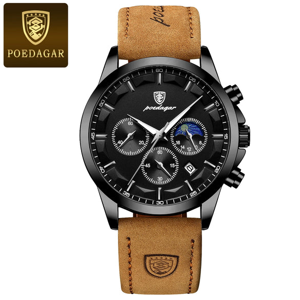 Men's Alloy Case Genuine Leather Strap Sport Style Round Dial Quartz Watch With Mineral Reinforced Glass Mirror And Onion Crown