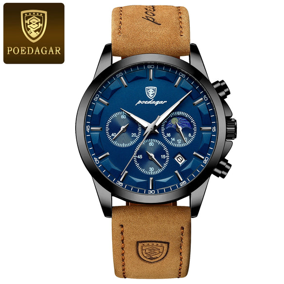 Men's Alloy Case Genuine Leather Strap Sport Style Round Dial Quartz Watch With Mineral Reinforced Glass Mirror And Onion Crown