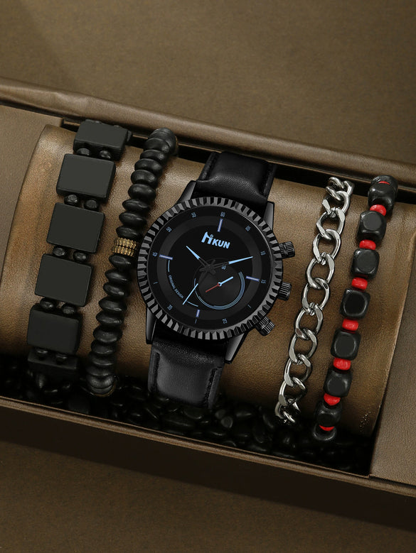 Men's Alloy Case Imitation Leather Strap Quartz Watch With Round Dial And Printed Logo Gear Dial Design Pin Buckle Plain Crown Ordinary Glass Mirror