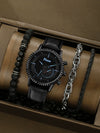 Men's Alloy Case Imitation Leather Strap Quartz Watch With Round Dial And Printed Logo Gear Dial Design Pin Buckle Plain Crown Ordinary Glass Mirror