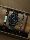 Men's Alloy Case Imitation Leather Strap Quartz Watch With Round Dial And Printed Logo Gear Dial Design Pin Buckle Plain Crown Ordinary Glass Mirror