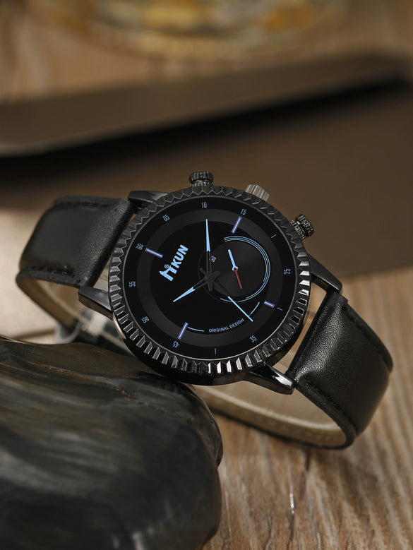 Men's Alloy Case Imitation Leather Strap Quartz Watch With Round Dial And Printed Logo Gear Dial Design Pin Buckle Plain Crown Ordinary Glass Mirror