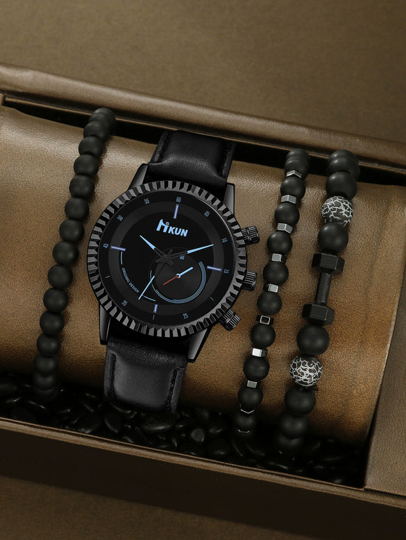 Men's Alloy Case Imitation Leather Strap Quartz Watch With Round Dial And Printed Logo Gear Dial Design Pin Buckle Plain Crown Ordinary Glass Mirror