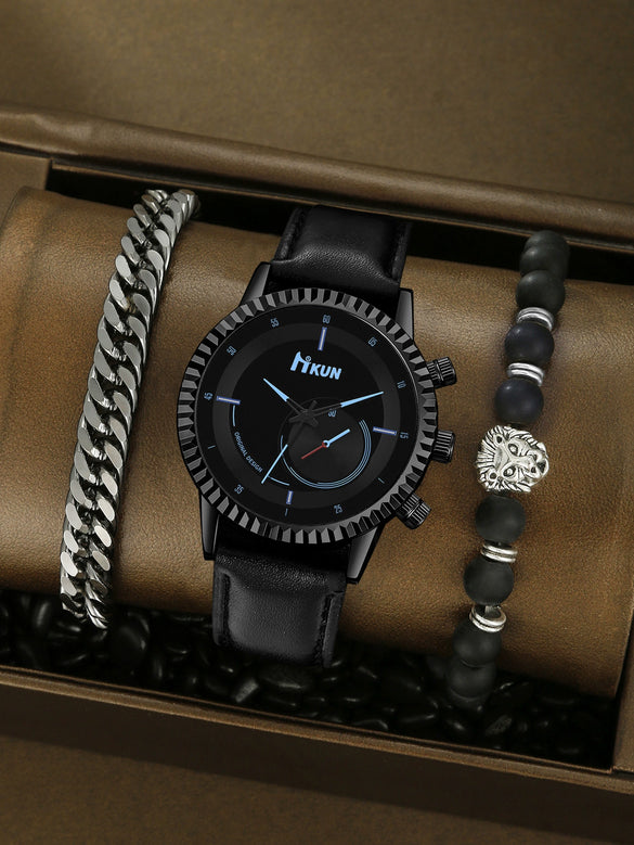 Men's Alloy Case Imitation Leather Strap Quartz Watch With Round Dial And Printed Logo Gear Dial Design Pin Buckle Plain Crown Ordinary Glass Mirror
