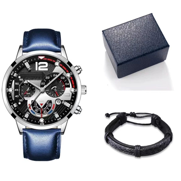 Men's Alloy Case Imitation Leather Strap Round Dial Quartz Business Watch With Luminous Pointer And Titanium Metal Clasp