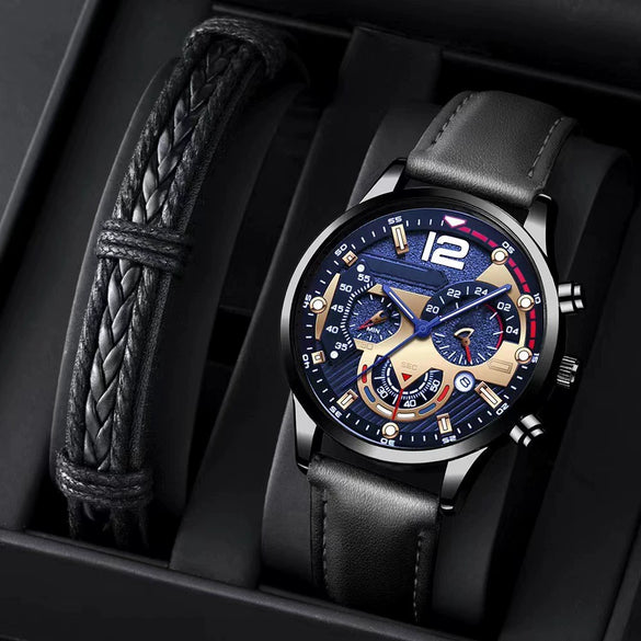Men's Alloy Case Imitation Leather Strap Round Dial Quartz Business Watch With Luminous Pointer And Titanium Metal Clasp