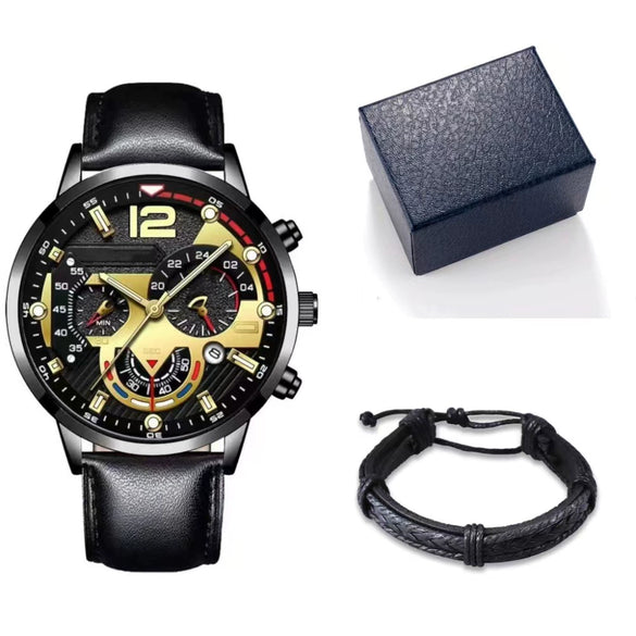 Men's Alloy Case Imitation Leather Strap Round Dial Quartz Business Watch With Luminous Pointer And Titanium Metal Clasp