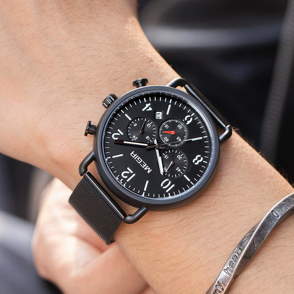 Men's Alloy Case Leather And Stainless Steel Strap Round Dial Quartz Sports Chronograph Calendar Watch With Printed Logo