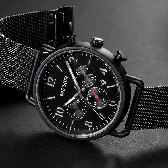 Men's Alloy Case Leather And Stainless Steel Strap Round Dial Quartz Sports Chronograph Calendar Watch With Printed Logo