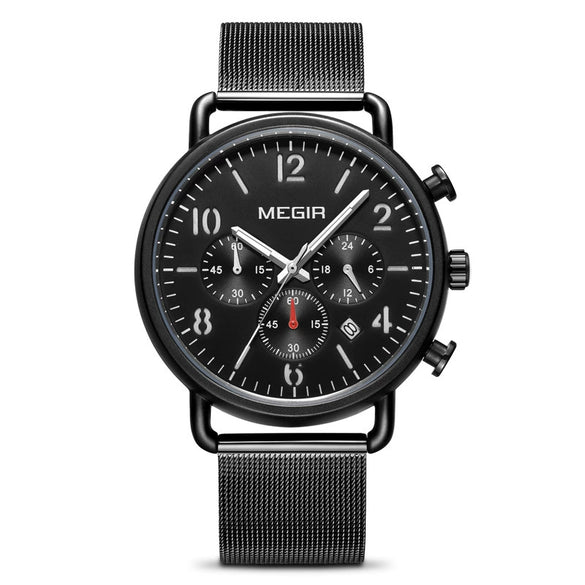 Men's Alloy Case Leather And Stainless Steel Strap Round Dial Quartz Sports Chronograph Calendar Watch With Printed Logo