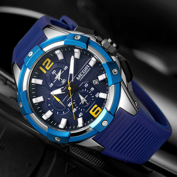 Men's Alloy Case Mineral Strengthened Glass Mirror Silicone Strap Round Dial Multifunctional Calendar Waterproof Sports Watch