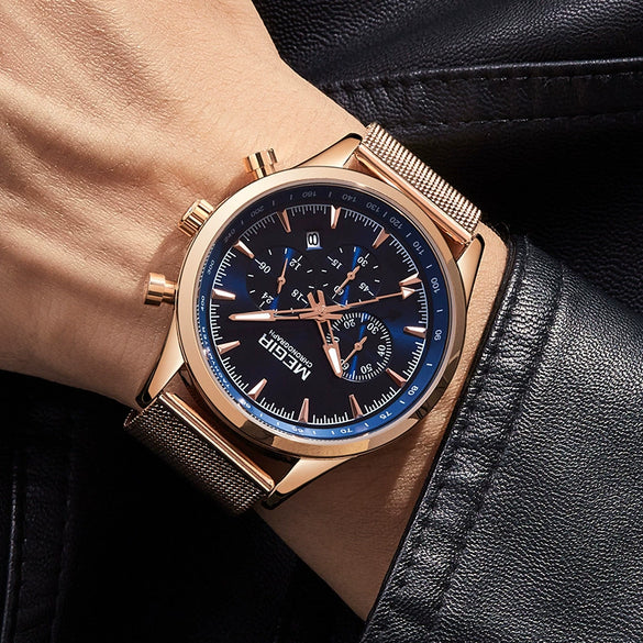 Men's Alloy Case Mineral Strengthened Glass Mirror Stainless Steel Strap Leisure Round Dial Quartz Multifunctional Chronograph Sports Watch