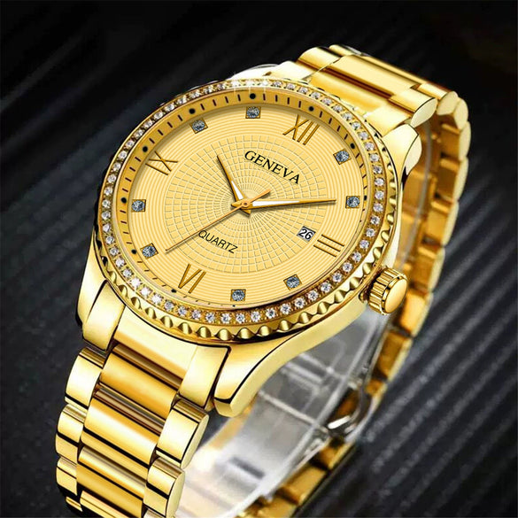 Men's Alloy Case Pu Strap Round Dial Business Style Steel Band Watch