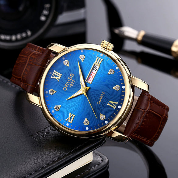 Men's Alloy Case Pu Strap Sports Style Waterproof Luminous Round Dial Mineral Reinforced Glass Mirror Watch