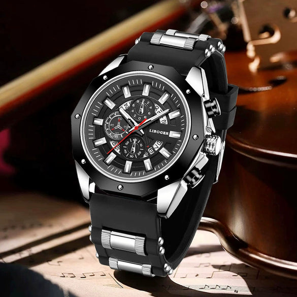 Men's Alloy Case Silicone Band Round Dial Leisure Multifunction Quartz Sports Watch