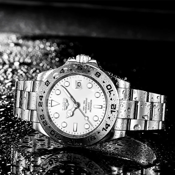 Men's Alloy Case Stainless Steel Band Quartz Waterproof Business Style Round Dial Luminous Calendar Watch