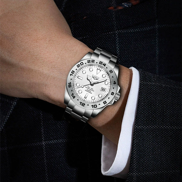Men's Alloy Case Stainless Steel Band Quartz Waterproof Business Style Round Dial Luminous Calendar Watch