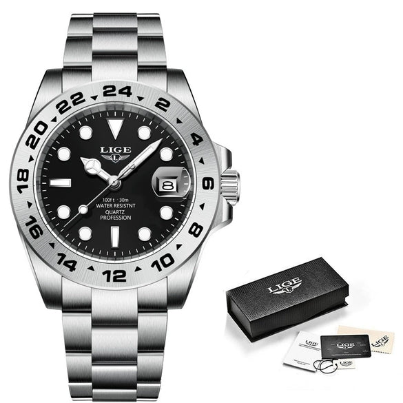 Men's Alloy Case Stainless Steel Band Quartz Waterproof Business Style Round Dial Luminous Calendar Watch