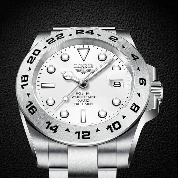 Men's Alloy Case Stainless Steel Band Quartz Waterproof Business Style Round Dial Luminous Calendar Watch