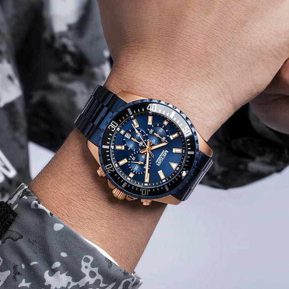 Men's Alloy Case Stainless Steel Band Round Dial Business Quartz Watch With Chronograph And Calendar