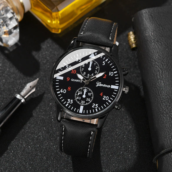 Men's Alloy Case Stainless Steel Buckle Imitation Leather Strap Round Dial Belt Watch