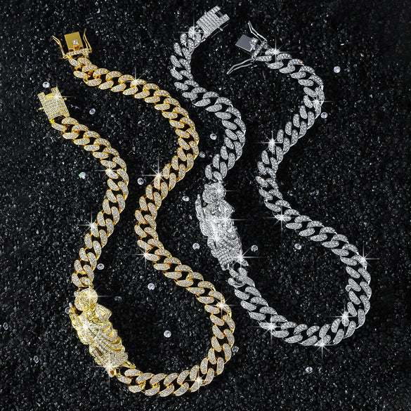 Men's Alloy Cuban Chain Necklace With Diamond And Death Figure Hiphop Style Geometric Design