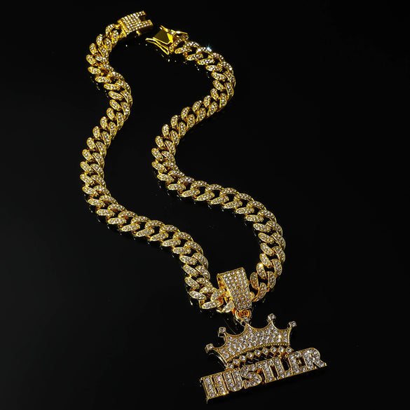 Men's Alloy Cuban Chain With Geometric Diamond Letter Pendant Necklace