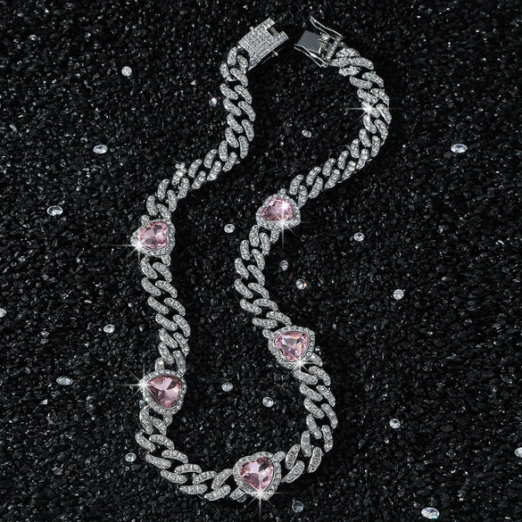 Men's Alloy Diamond Geometric Heart Stitching Cuban Chain Hip Hop Necklace
