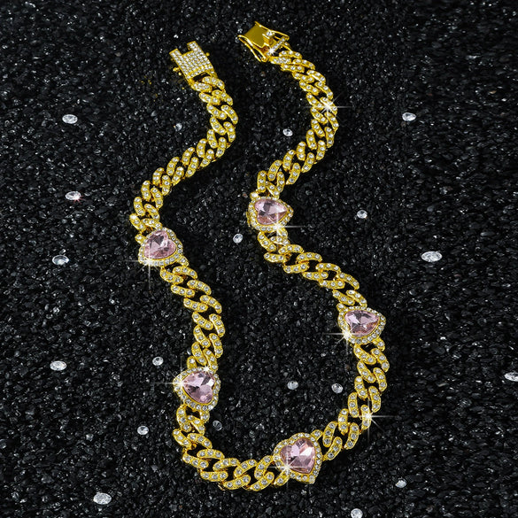 Men's Alloy Diamond Geometric Heart Stitching Cuban Chain Hip Hop Necklace