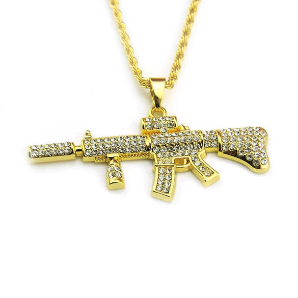 Men's Alloy Diamondencrusted Geometric Ak47 Submachine Gun Pendant Necklace With Twist Chain