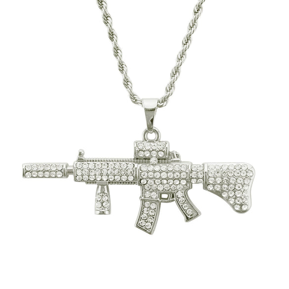 Men's Alloy Diamondencrusted Geometric Ak47 Submachine Gun Pendant Necklace With Twist Chain