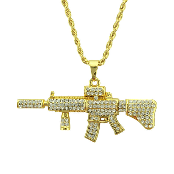 Men's Alloy Diamondencrusted Geometric Ak47 Submachine Gun Pendant Necklace With Twist Chain