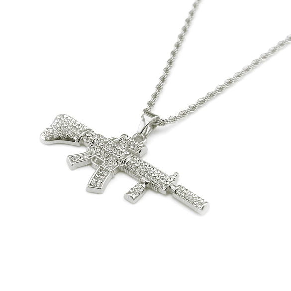 Men's Alloy Diamondencrusted Geometric Ak47 Submachine Gun Pendant Necklace With Twist Chain