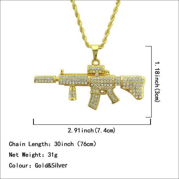 Men's Alloy Diamondencrusted Geometric Ak47 Submachine Gun Pendant Necklace With Twist Chain