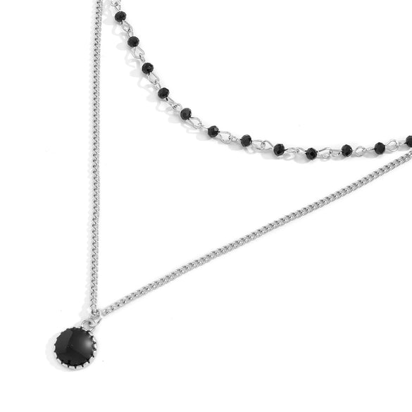 Men's Alloy Double Layer Stacked Black Rhinestone Imitation Gem Pendant Necklace With Geometric Pattern And Electroplating Treatment