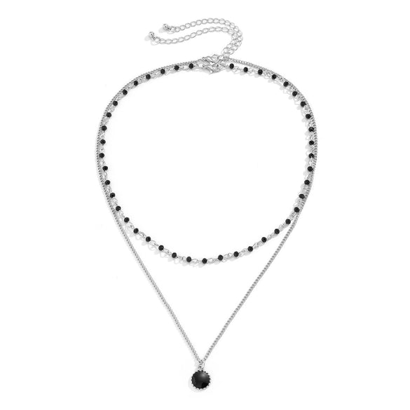 Men's Alloy Double Layer Stacked Black Rhinestone Imitation Gem Pendant Necklace With Geometric Pattern And Electroplating Treatment