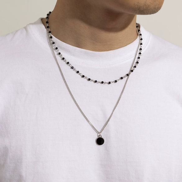 Men's Alloy Double Layer Stacked Black Rhinestone Imitation Gem Pendant Necklace With Geometric Pattern And Electroplating Treatment